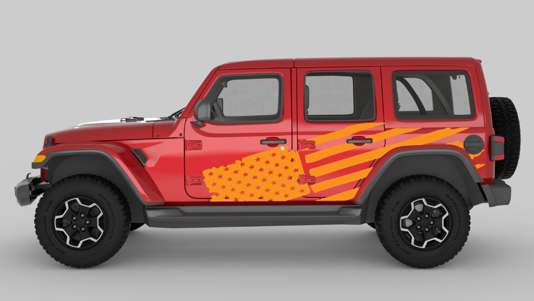 orange color Distressed American Flag Decals on Jeep Wrangler JL