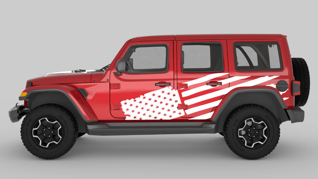 white color Distressed American Flag Decals on Jeep Wrangler JL