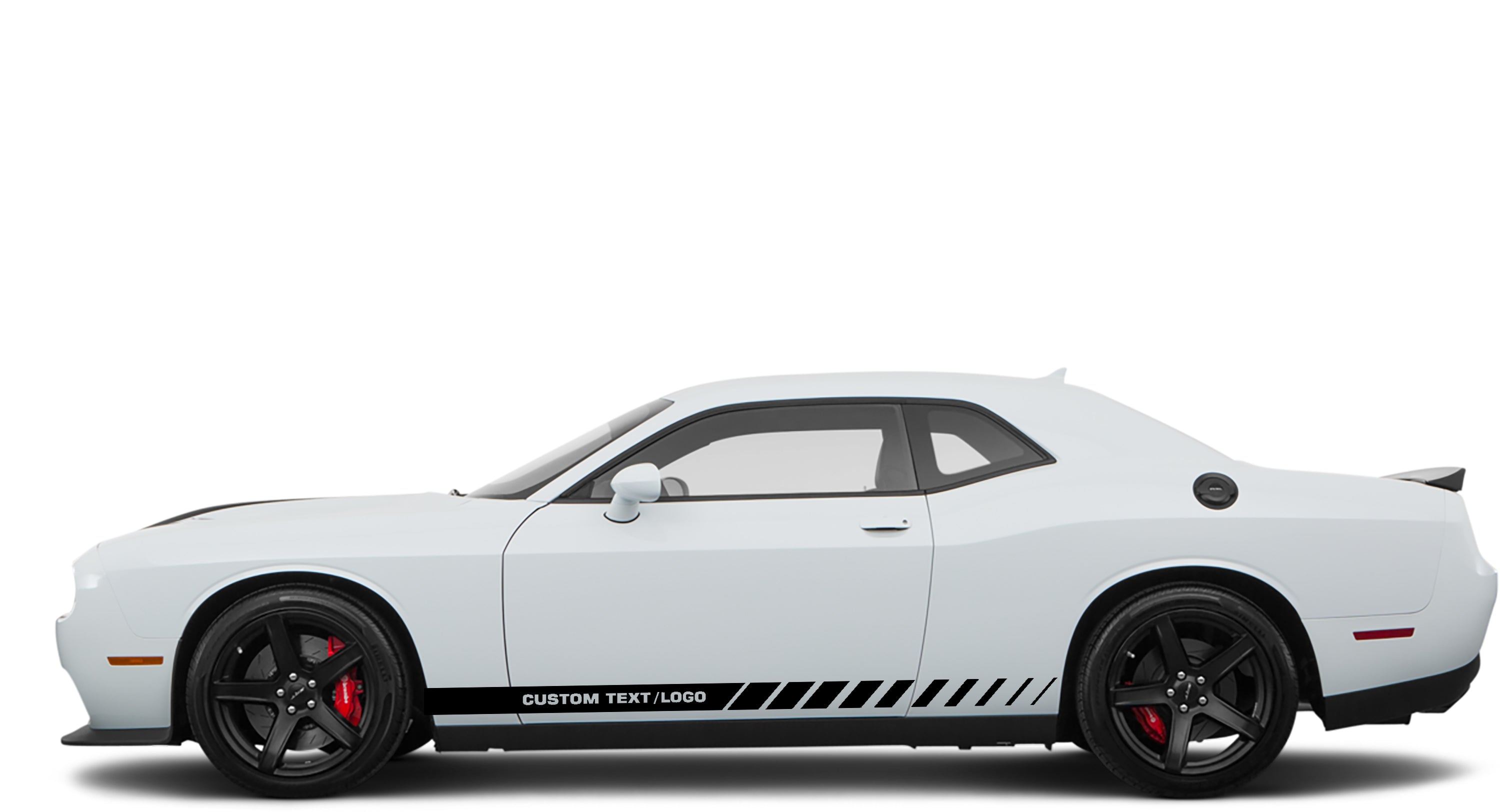 Dodge Challenger Side Vinyl Stripes with Custom Text Logo (Pair) : Vinyl Graphics Kit Fits (2008-2023)