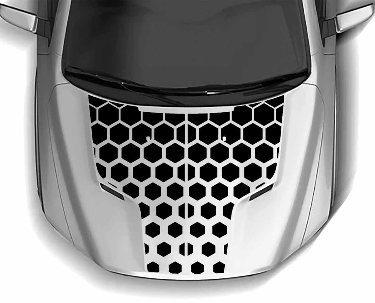 Aggressive honeycomb hood decal installed on a 2009–2018 Dodge Ram 1500, featuring a symmetrical geometric pattern with a central vertical split.