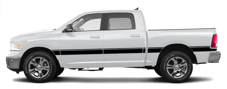 2009–2018 Dodge Ram 1500 bed side beltline stripe decal installed on rear bed panel with clean minimalist horizontal design