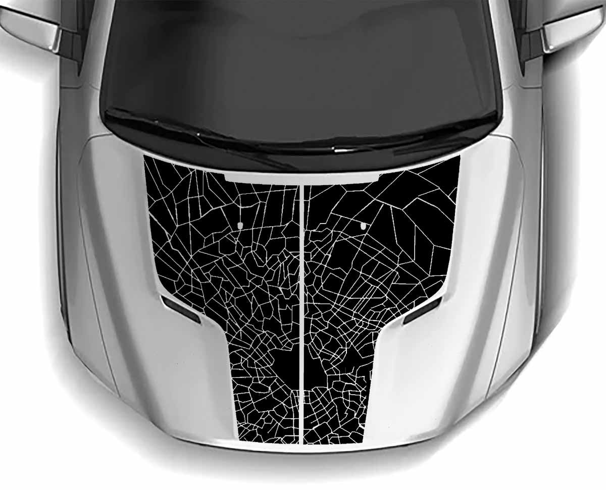 Dodge Ram 1500 cracked geometric hood decal with abstract fractured pattern, centered vertical split, installed on hood panel