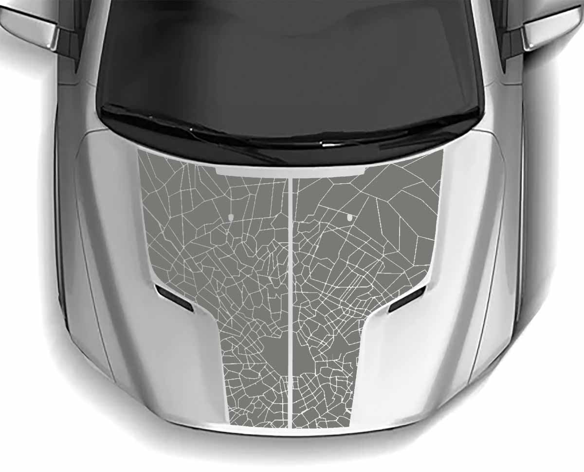 Abstract cracked hood decal on Dodge Ram 1500 showing shard-style fragments and aggressive street-inspired styling