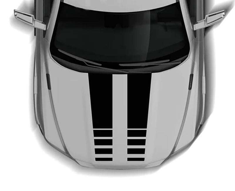2009–2018 Dodge Ram 1500 hood racing stripes decal with dual center stripes and front block accent graphics applied to the hood panel