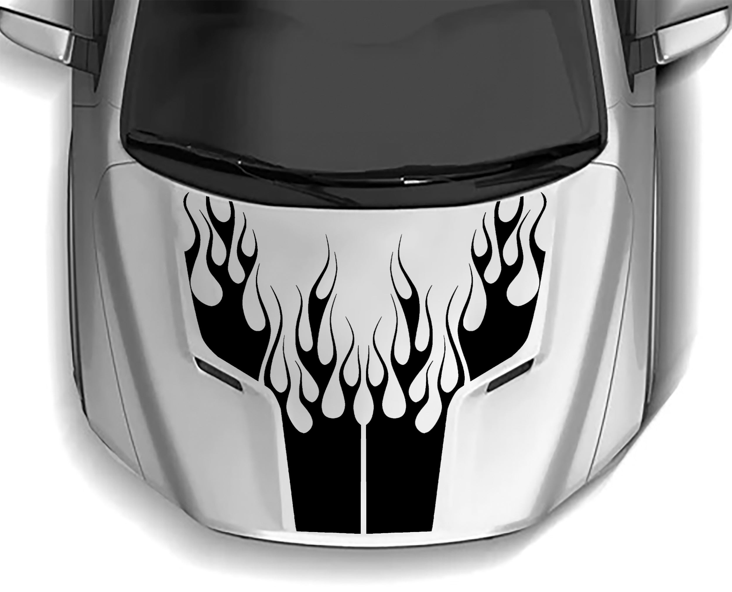 alt="2009–2018 Dodge Ram 1500 hood flame decal with aggressive center-split racing design and vertical hood stripe"