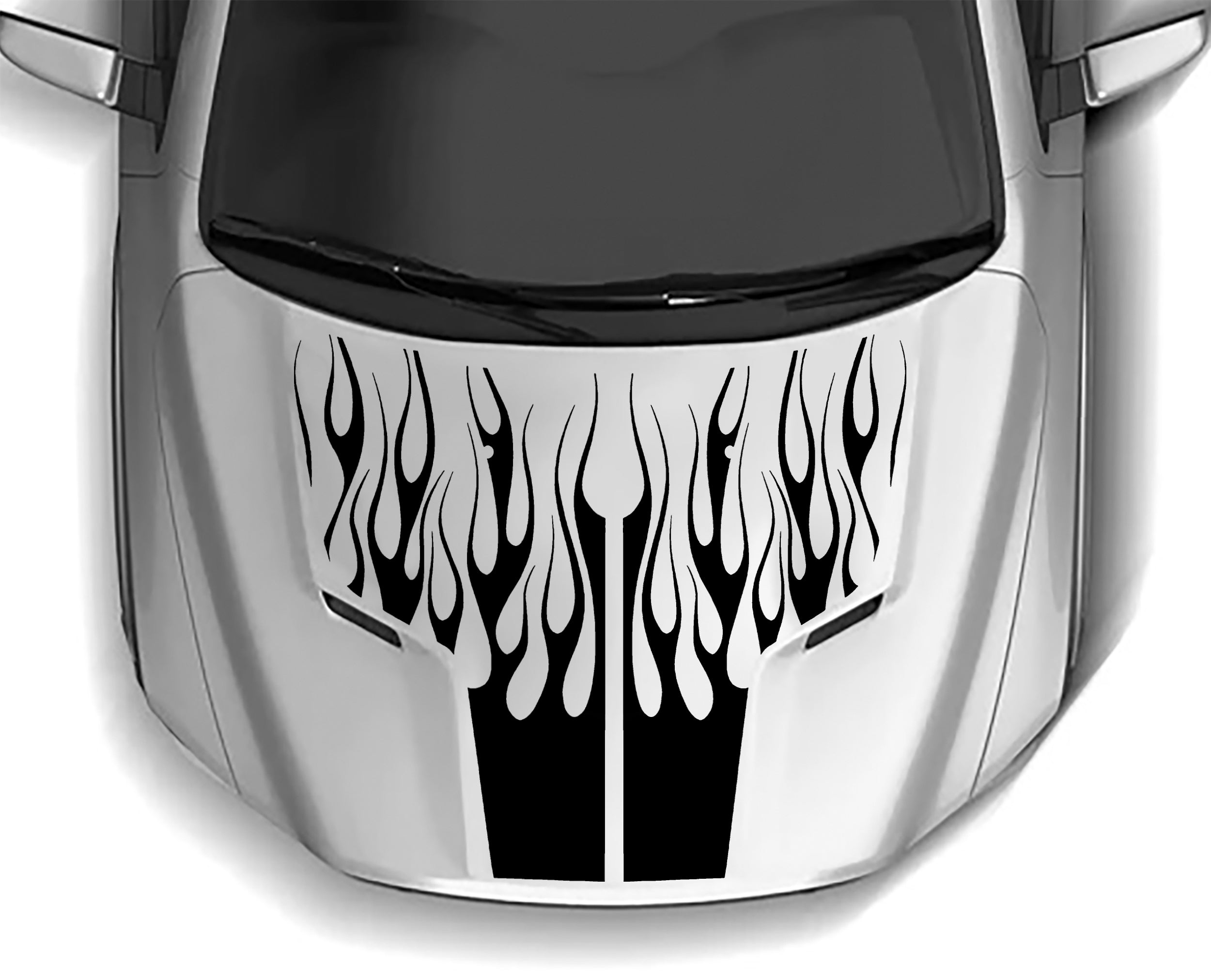 Aggressive centerline hood flame vinyl decal installed on a 2009–2018 Dodge Ram 1500, featuring symmetrical elongated flame shapes aligned along the hood panel ridge.