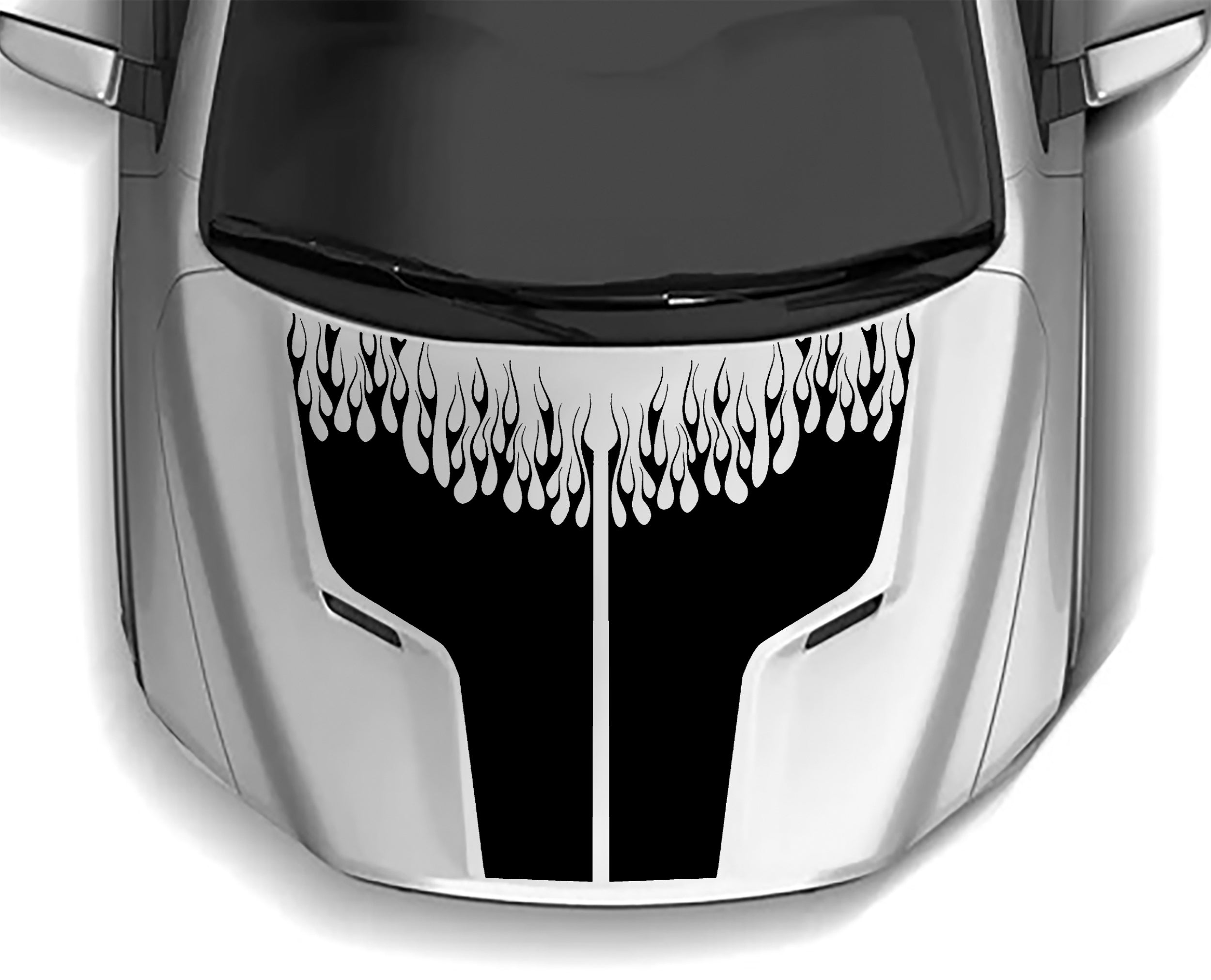 Aggressive racing-inspired symmetrical black hood flame vinyl decal installed on a 2009–2018 Dodge Ram 1500, precision-cut center hood panel with vertical split design