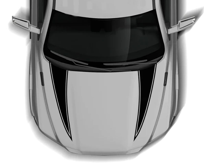 Aggressive hood spear decals installed on a 2009–2018 Dodge Ram 1500, featuring symmetrical black racing stripes with tapered spear design on the hood panel.