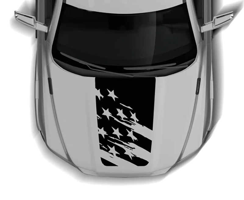 Dodge Ram 1500 hood decal featuring a distressed American flag design with fragmented stripes and rough edges, styled in a bold monochrome patriotic graphic.