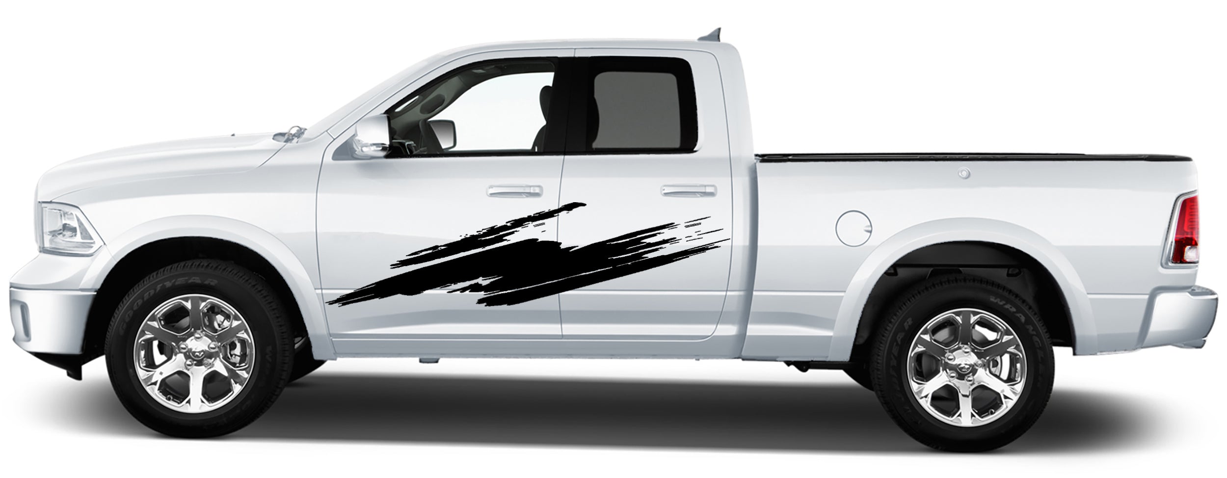 Dodge Ram 1500 side door splash decal installed on driver door showing aggressive brush stroke vinyl graphics