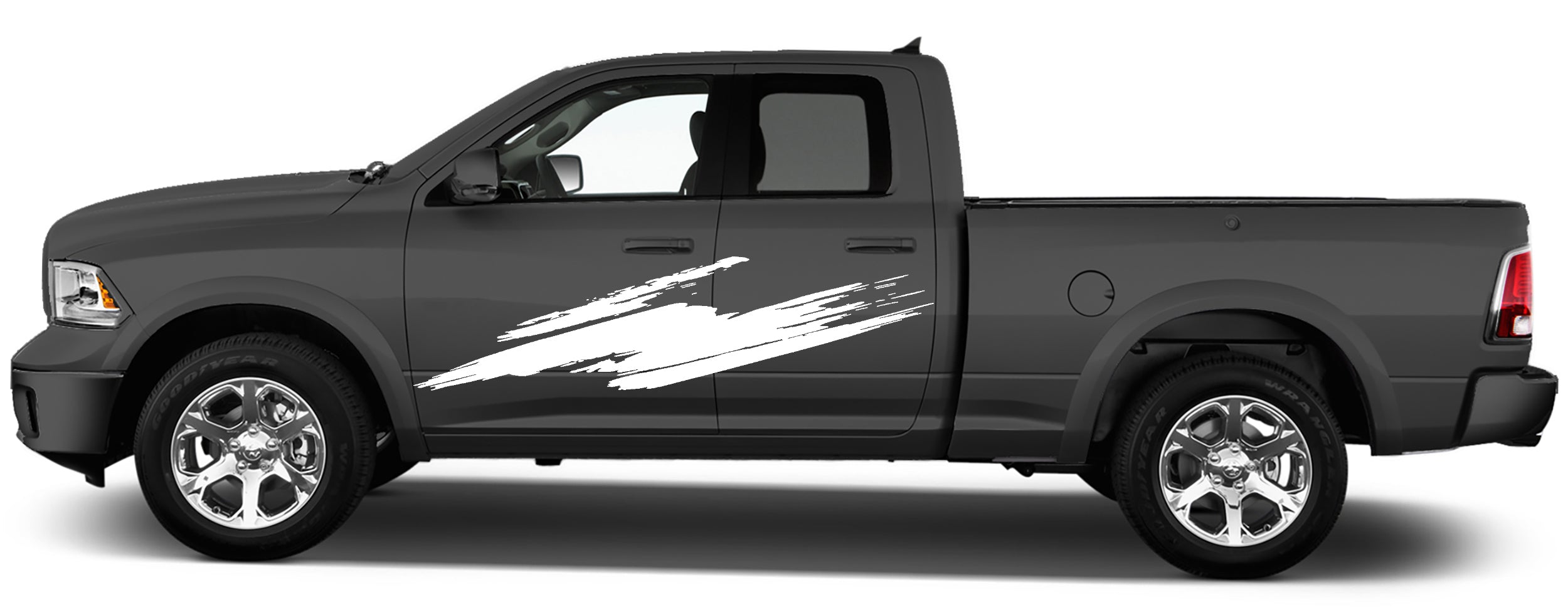Close-up of Ram truck brush stroke decal highlighting sharp edges and layered paint-swipe shapes