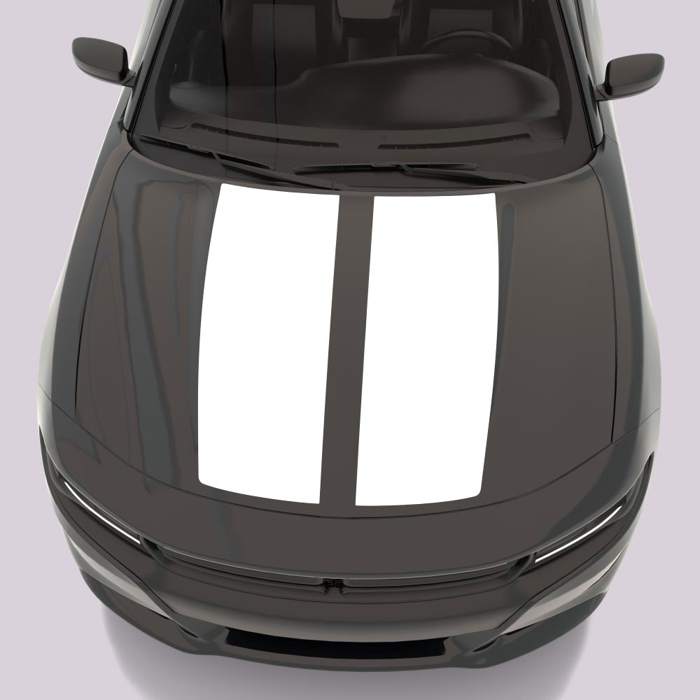 black car with white Dual Hood Accent Stripes