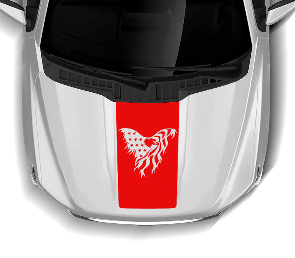 Red Ford F150 hood decal American eagle vinyl graphic on 14th gen F-150 hood panel