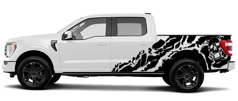 Black Ford F150 skull side decal installed on 2021–2026 F-150 bed side with shredded skull graphic