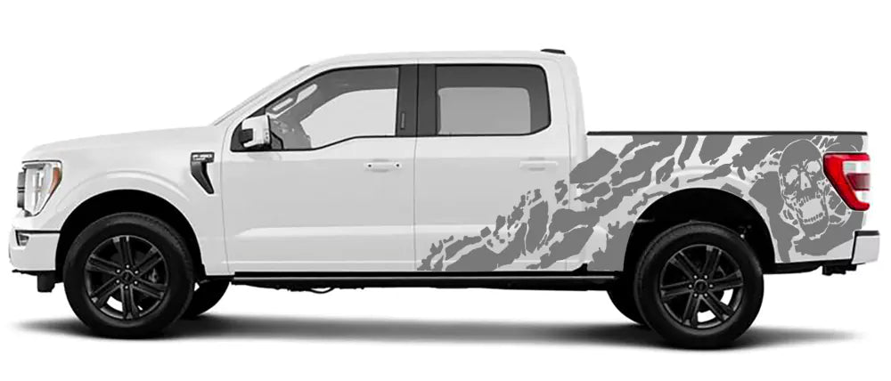 Gray Ford F150 skull side decal on bed panel of 2021–2026 F-150 showing shredded skull design