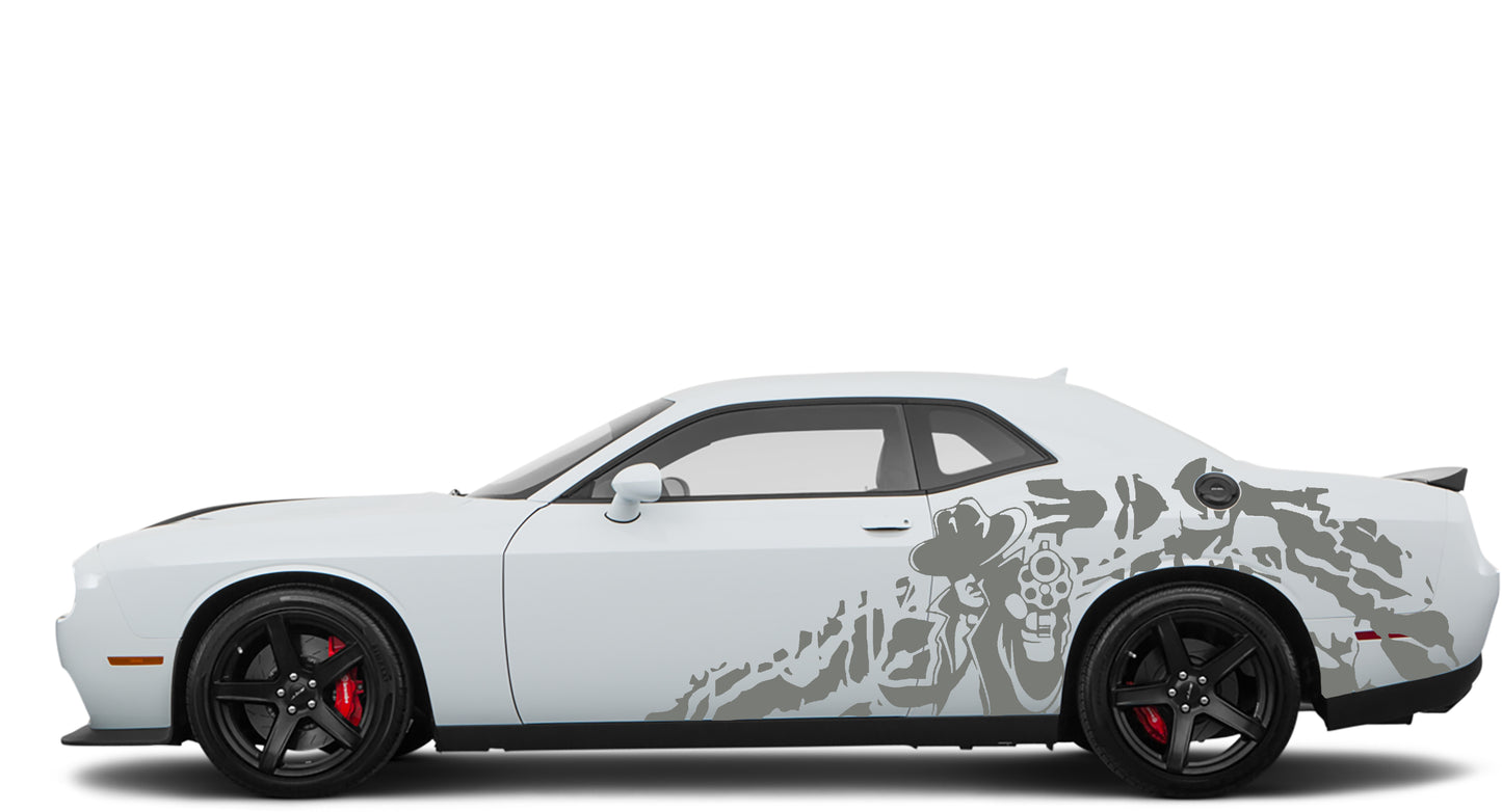 gun man grunge side decals for dodge challenger 2008 to 2023 models gray