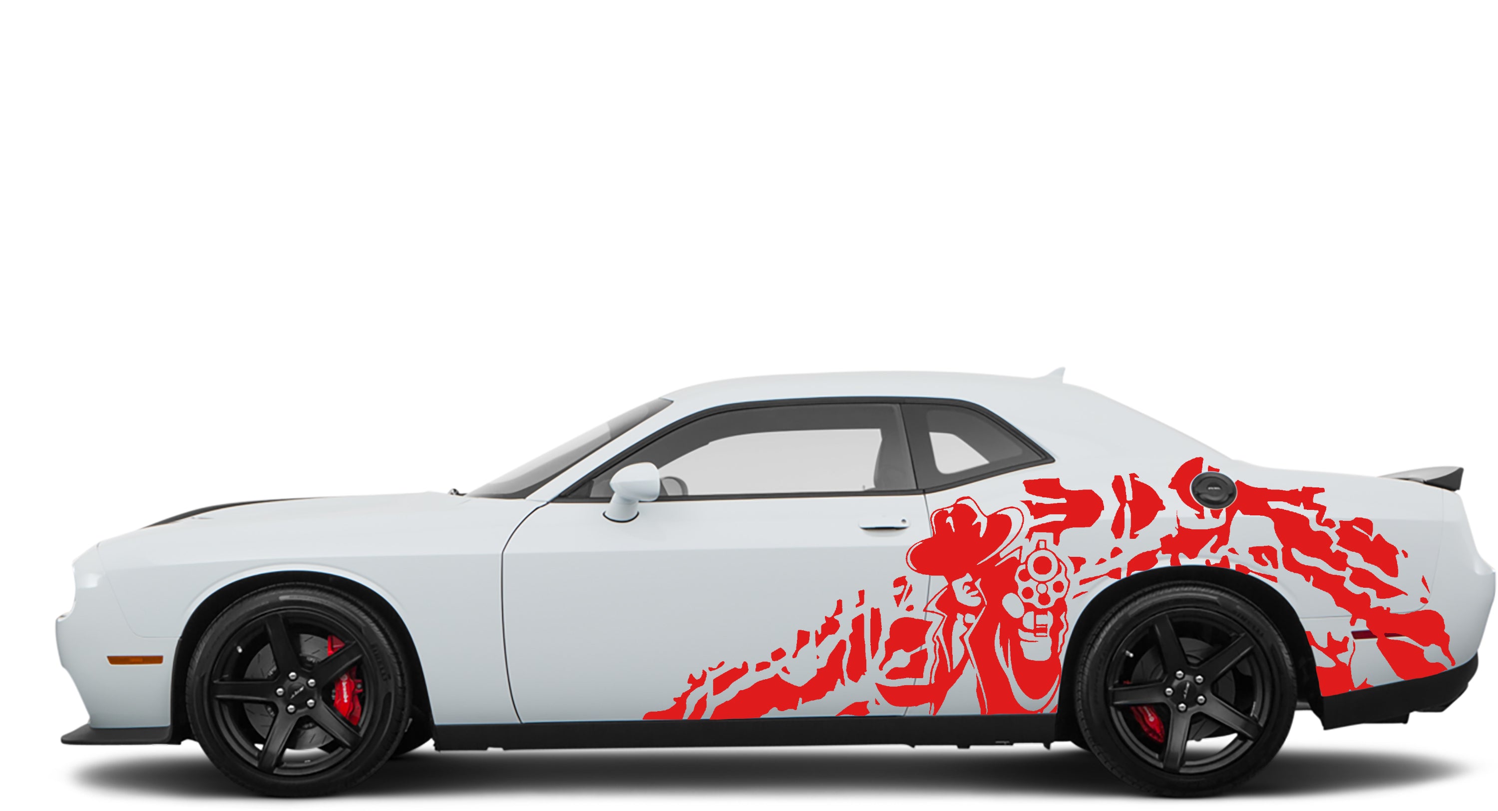 gun man grunge side decals for dodge challenger 2008 to 2023 models red