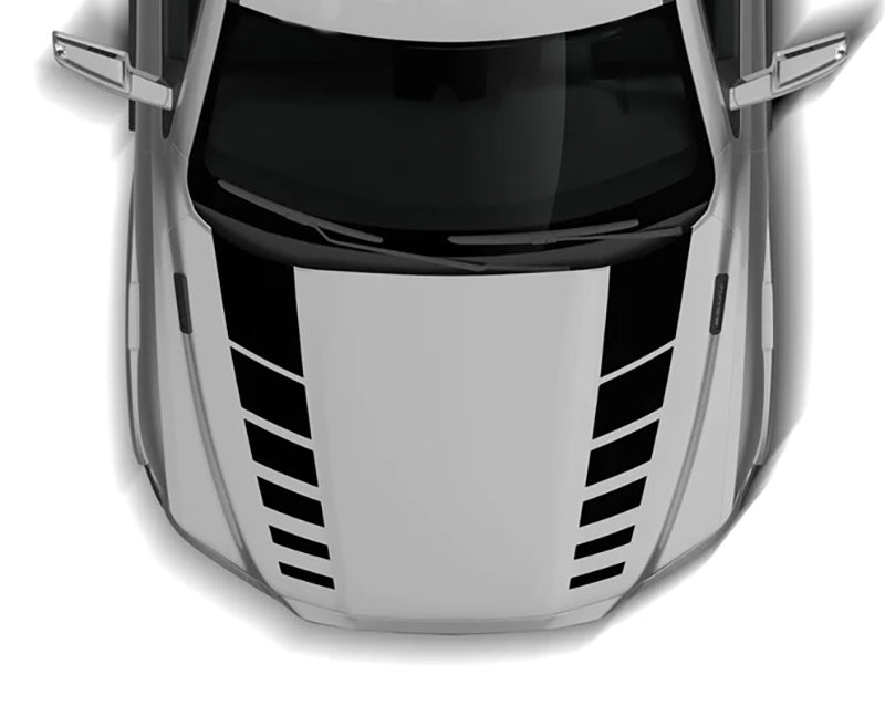 Dodge Ram 1500 hood hash stripe decals installed on hood showing aggressive racing-inspired vinyl graphics with symmetrical layout and center gap