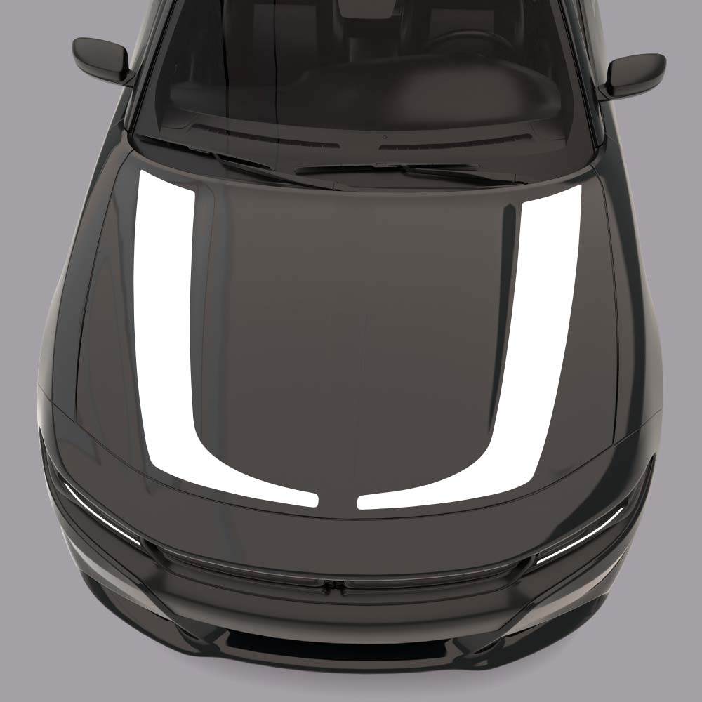 black car with white Hockey Stick Hood Stripes