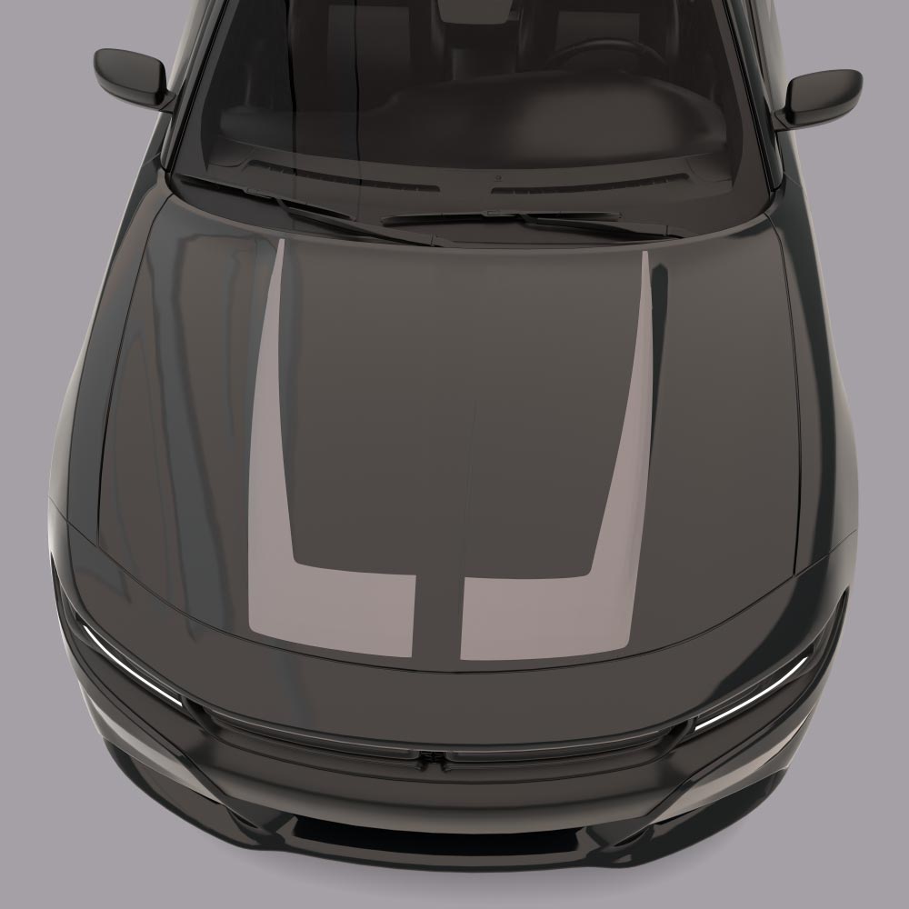 black car with gray Hood Accent Hockey Stripes