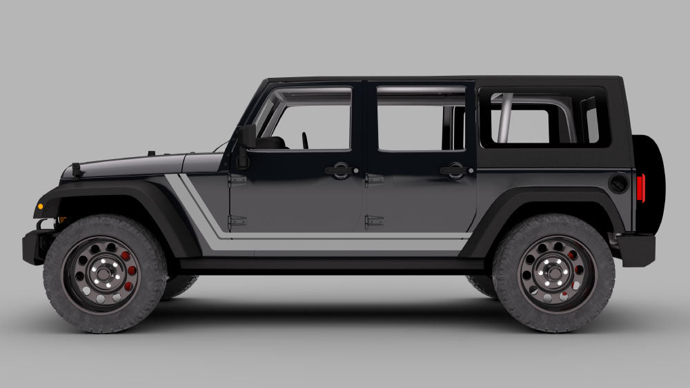Black Jeep Wrangler JK with gray double pinstripe rocker stripe decals on side panels