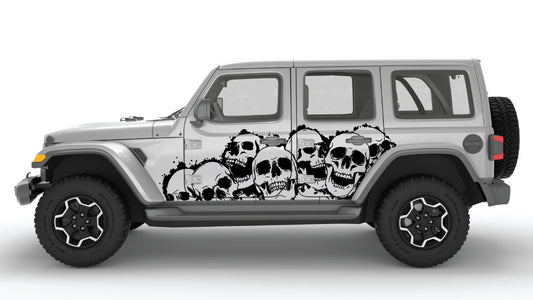 Black Laugh Riot Skulls Side Decals on Gray Jeep Wrangler JL