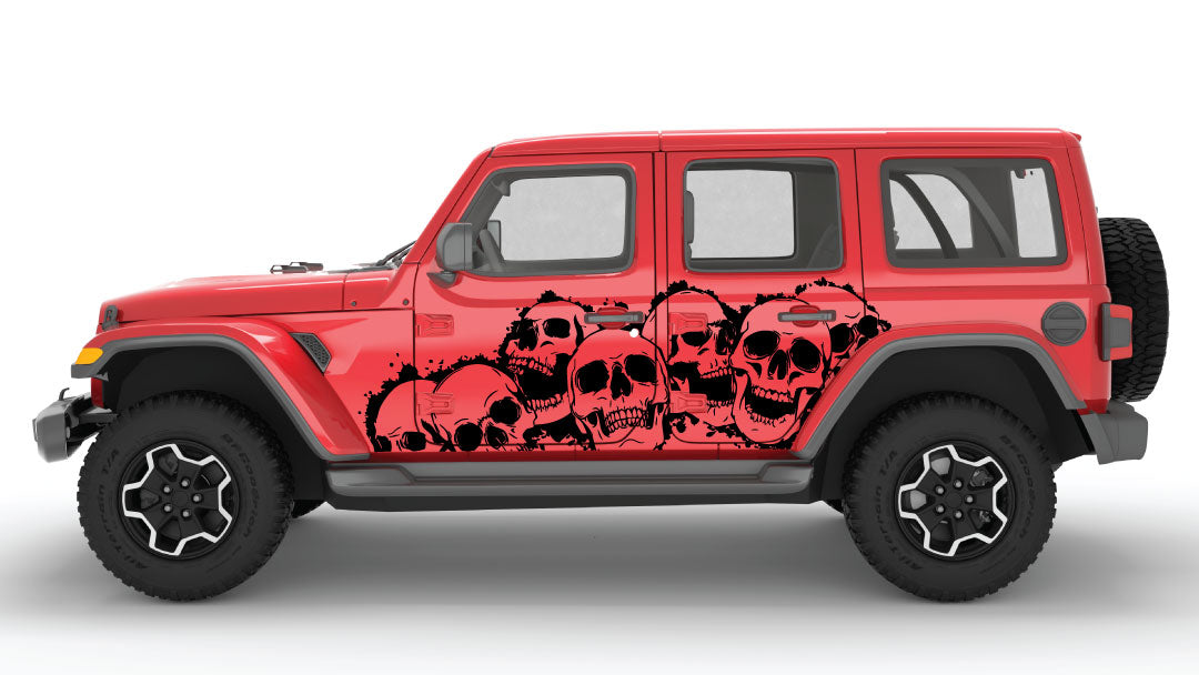 Black Laugh Riot Skulls Side Decals on Red Jeep Wrangler JL