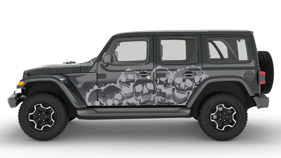Gray Laugh Riot Skulls Side Decals on Black Jeep Wrangler JL