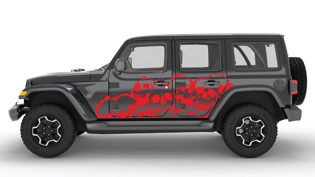 Red Laugh Riot Skulls Side Decals on Black Jeep Wrangler JL