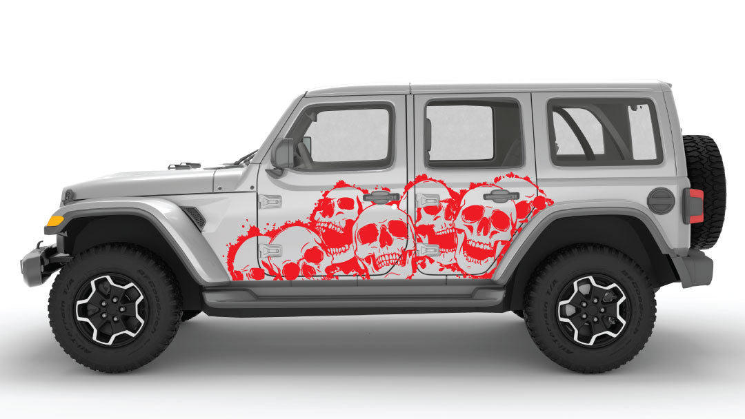 Red Laugh Riot Skulls Side Decals on Gray Jeep Wrangler JL