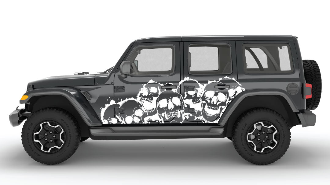 White Laugh Riot Skulls Side Decals on Black Jeep Wrangler JL
