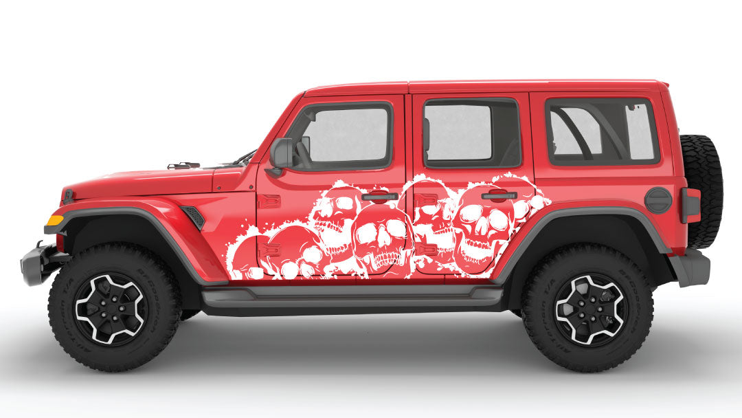 White Laugh Riot Skulls Side Decals on Red Jeep Wrangler JL