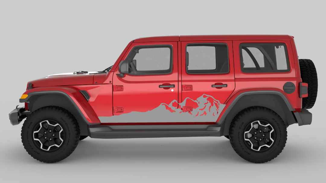 Gray Side Mountain Stripes Graphics & Decals on Red Jeep Wrangler JL