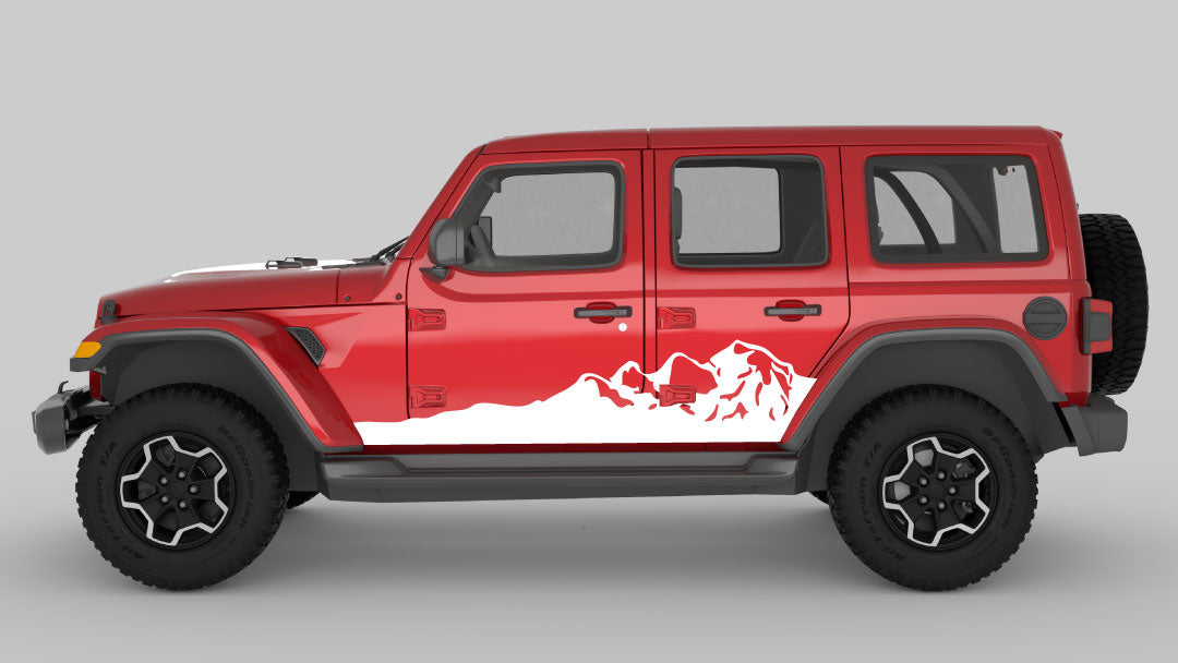 White Side Mountain Stripes Graphics & Decals on Red Jeep Wrangler JL