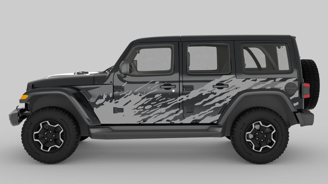 Gray Color Mud Splash Side Decals on Black Jeep Wrangler JL
