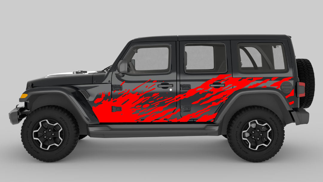 Red Color Mud Splash Side Decals on Black Jeep Wrangler JL