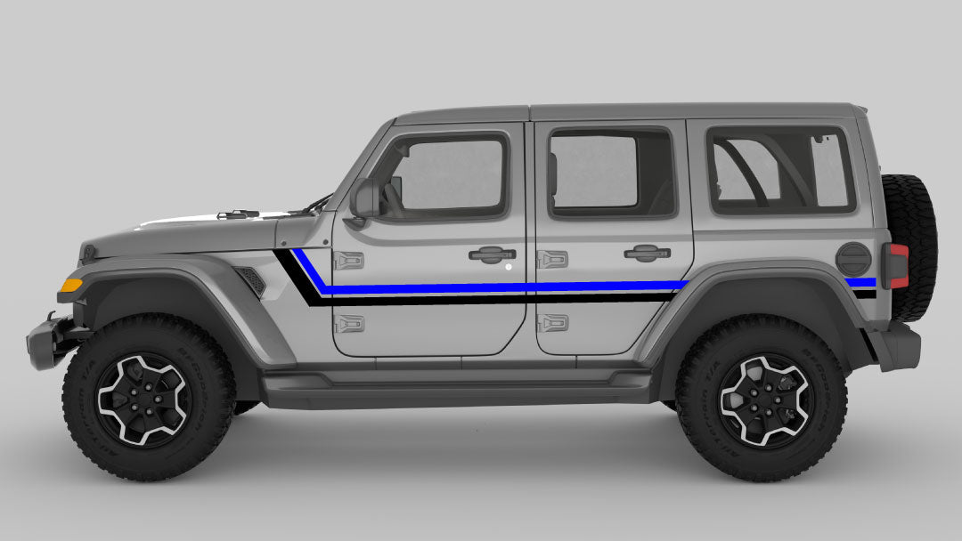 Blue and Black Retro Double Center Stripes on Gray Jeep Wrangler JL