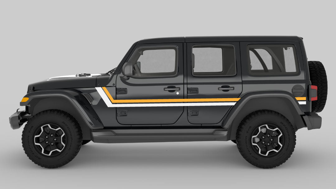 Yellow and White Retro Double Center Stripes on Black Jeep Wrangler JL