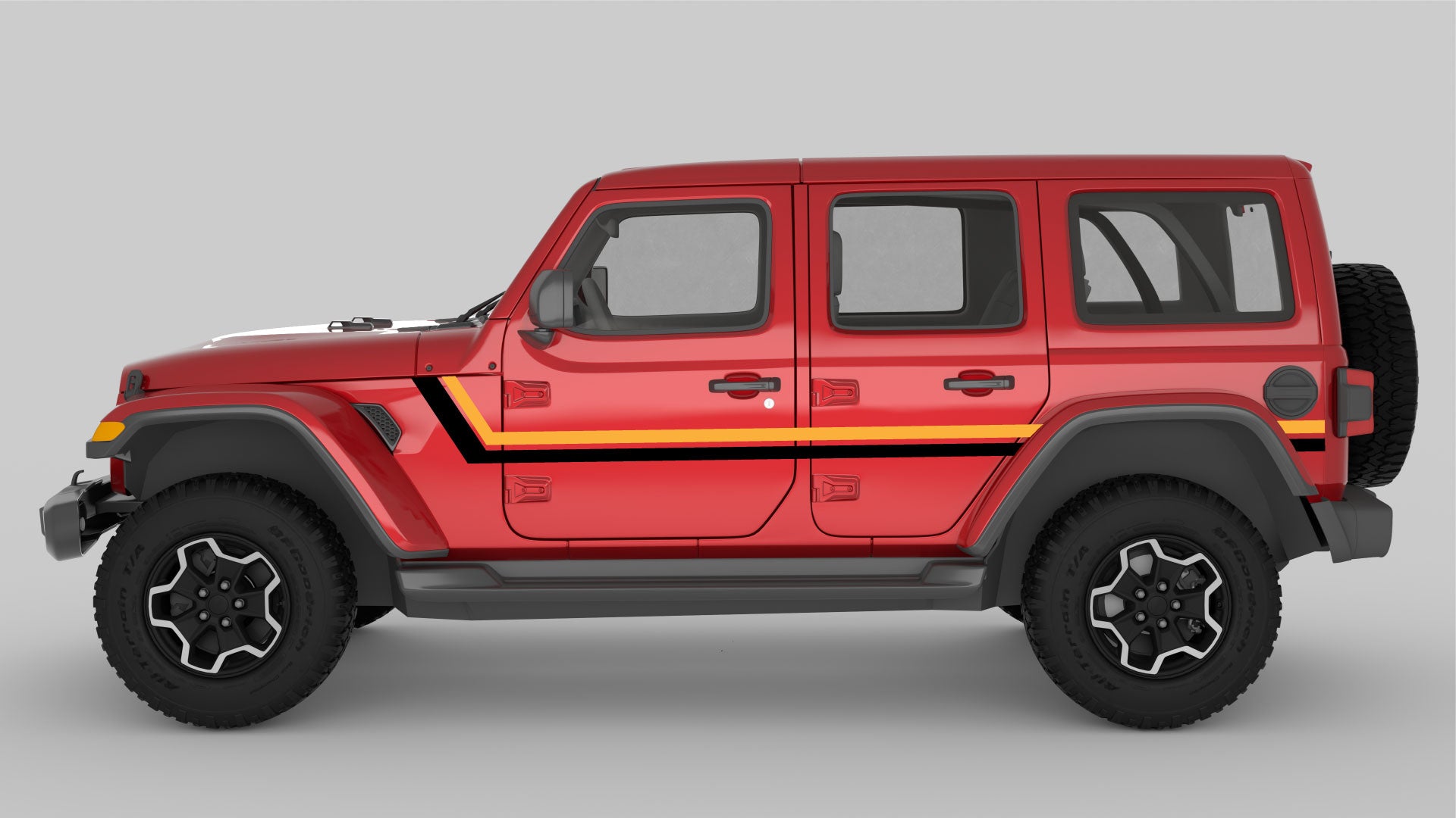 Yellow and Black Retro Double Center Stripes on Red Jeep Wrangler JL