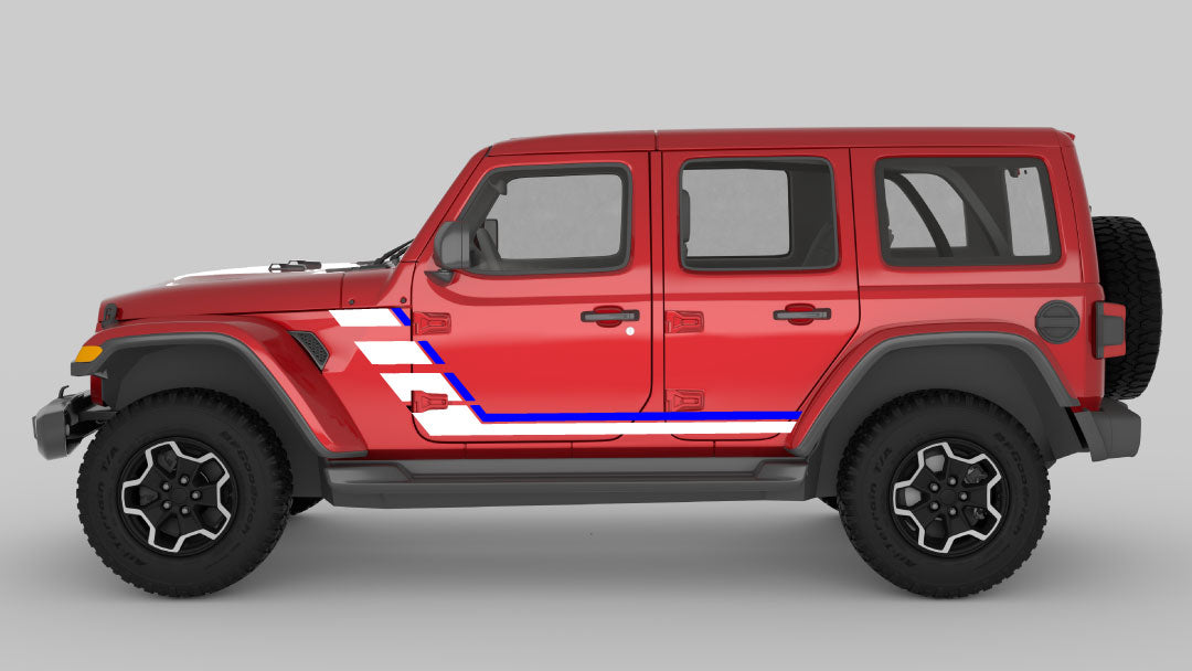 Blue and White Retro Double Hash Stripes on Red Jeep Wrangler JL