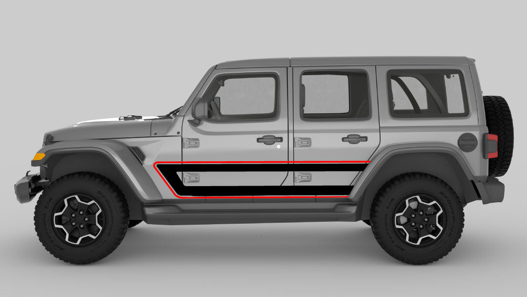 Red and Black Retro Style Side Stripes on Gray Jeep Wrangler JL