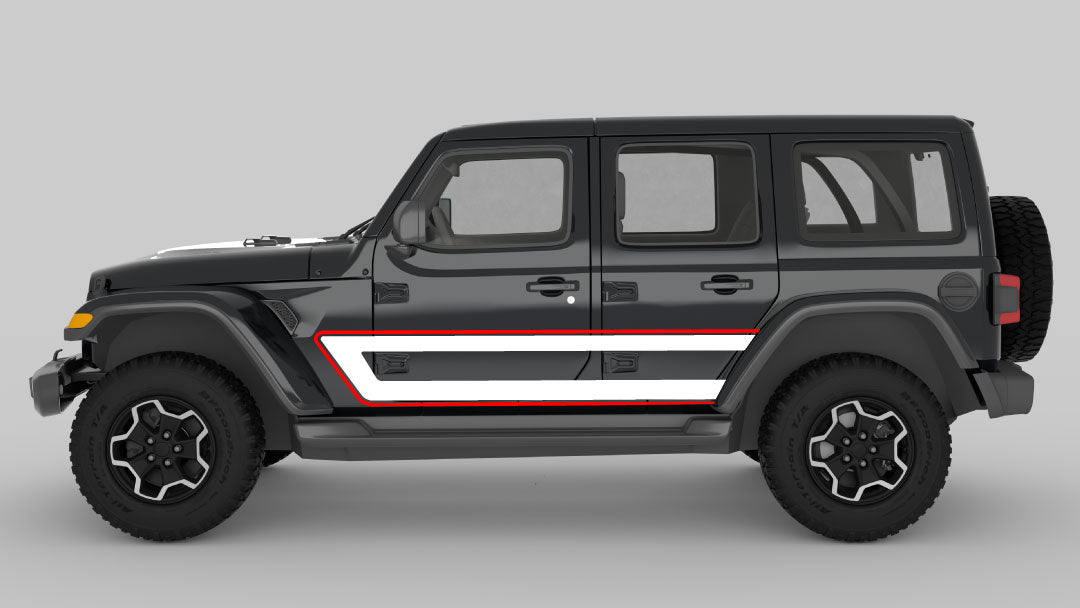 Red and white Retro Style Side Stripes on Black Jeep Wrangler JL