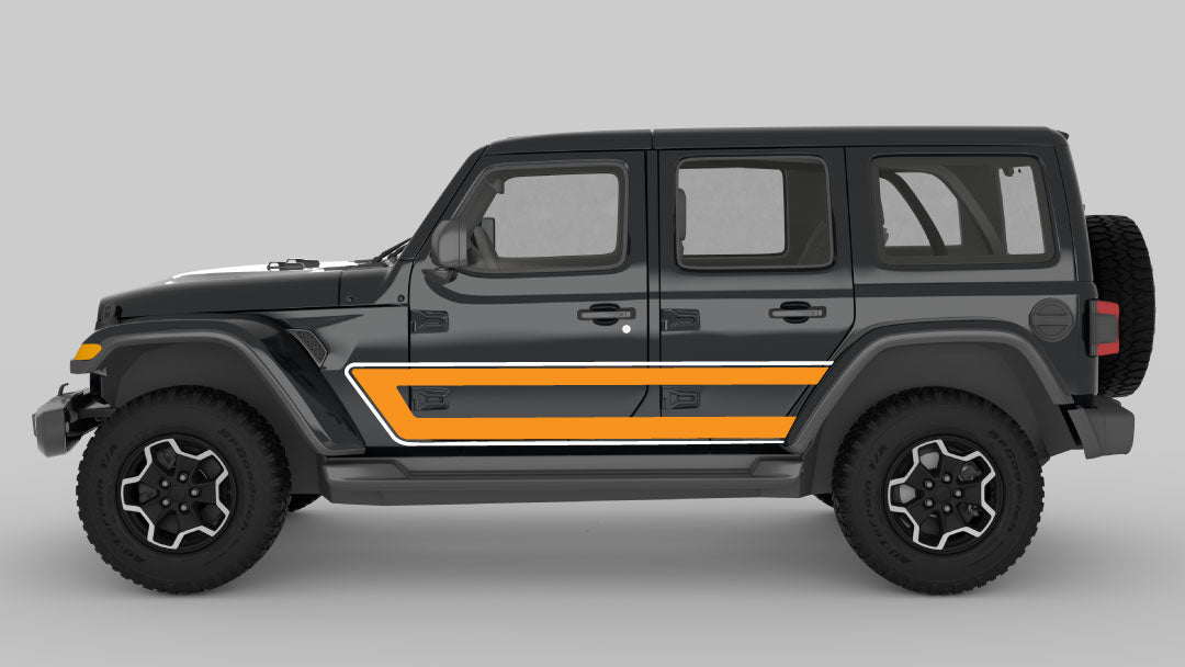 White and Yellow Retro Style Side Stripes on Black Jeep Wrangler JL