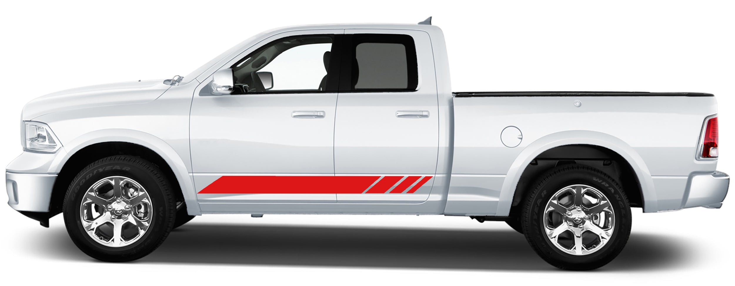 Close-up of Ram 1500 rocker panel stripe kit showing thin outline/pinstripe border and crisp edge definition along the lower door rocker area