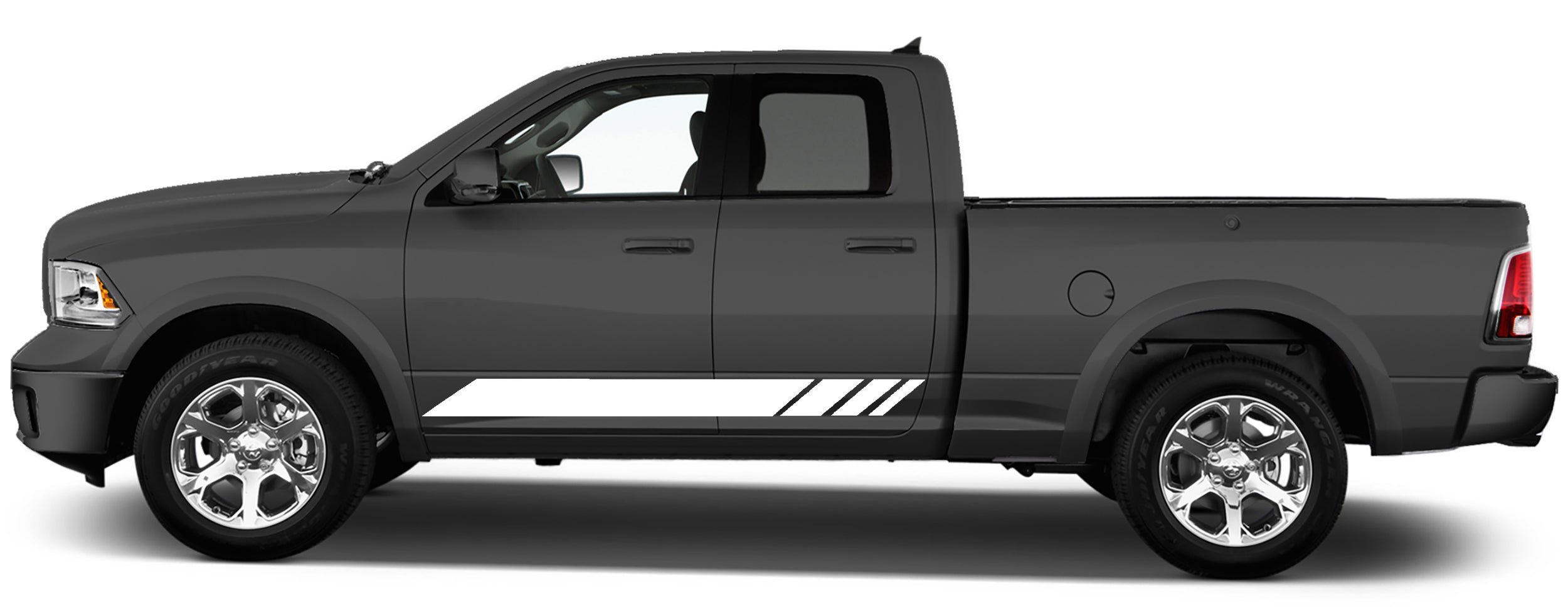 Side view of Dodge Ram 1500 with vinyl rocker panel stripes positioned low on the rocker panel, racing-inspired minimal side stripe graphics layout