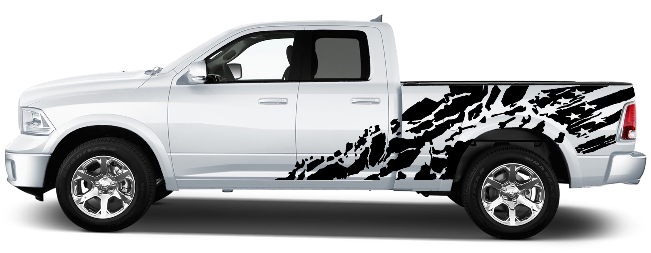 Shredded American flag side decals installed on 2009–2018 Dodge Ram 1500 showing aggressive distressed patriotic vinyl graphics across side doors and bed panel.