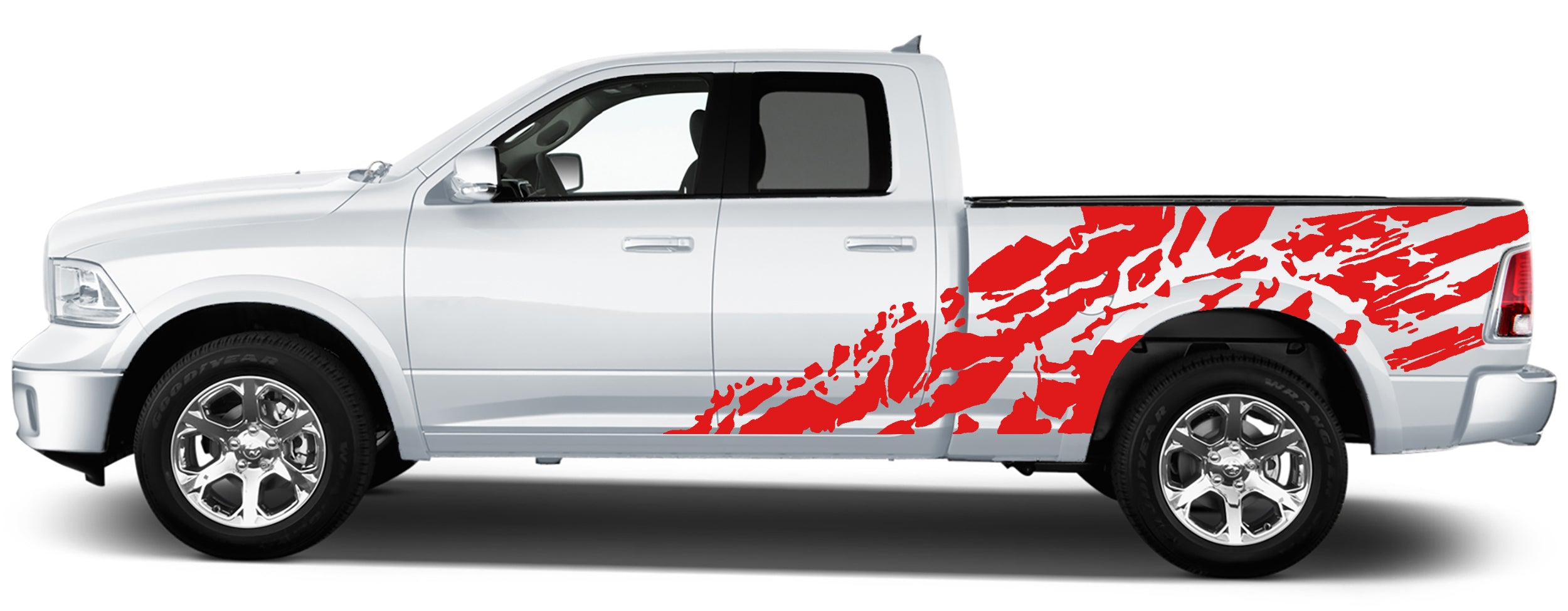 Ripped USA flag bed decals on Dodge Ram 1500 bed side highlighting jagged distressed design and diagonal forward sweep into rear quarter panel.