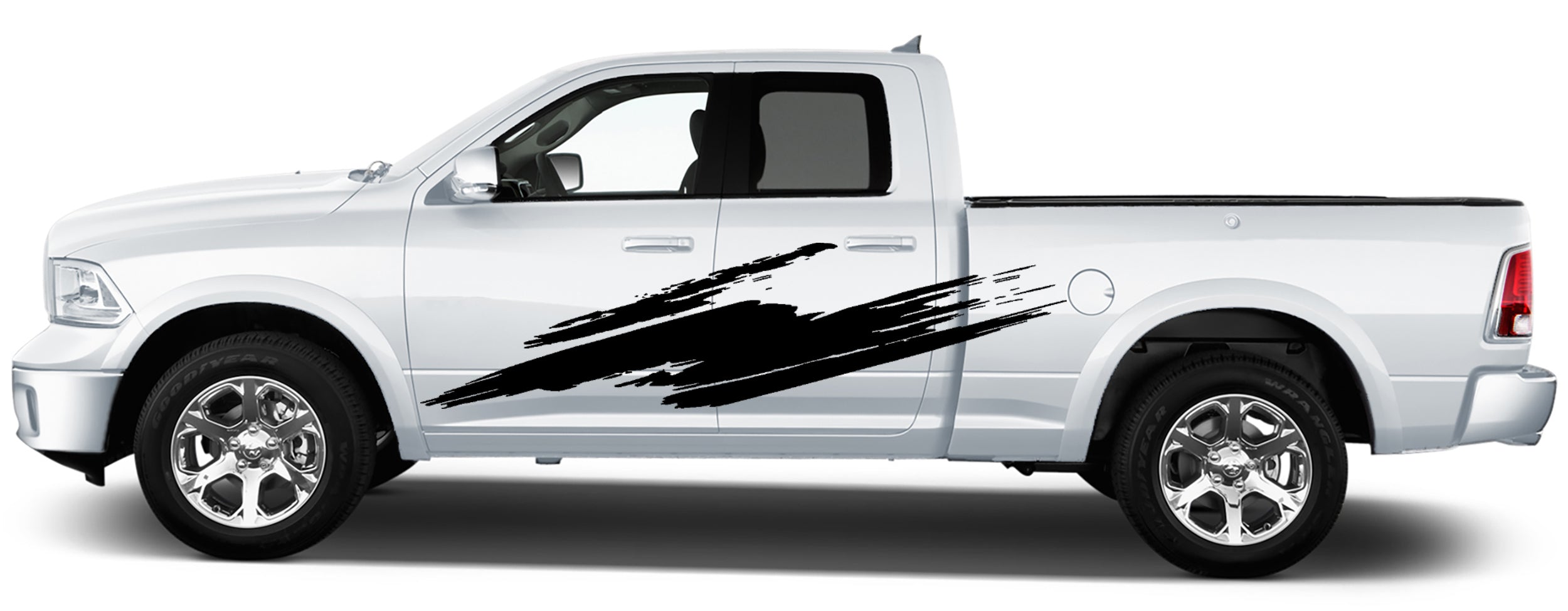 2009–2018 Dodge Ram 1500 with aggressive splash side decal applied across side doors and full bed panel
