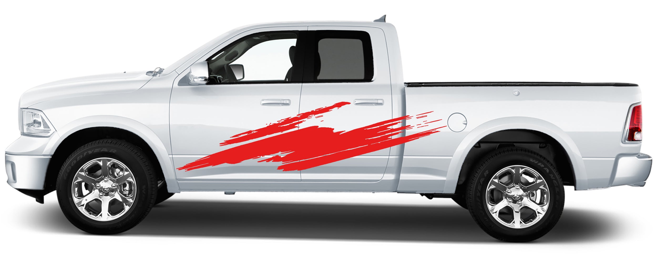 Close-up of Dodge Ram 1500 brush-stroke vinyl graphics showing jagged motion lines on bed side panel