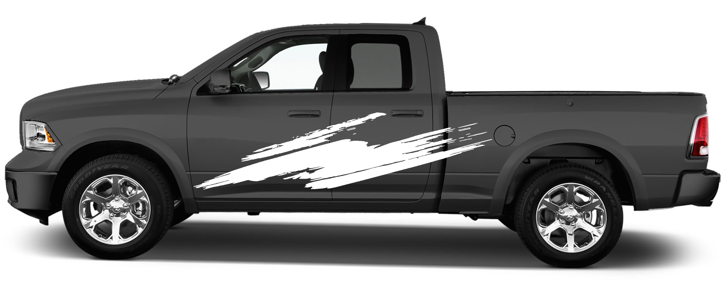 Full bed panel graphic on Dodge Ram 1500 highlighting rugged truck side design and sharp vinyl edges